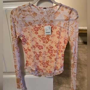 Free People Floral Long Sleeve Blouse - Pink and Gold